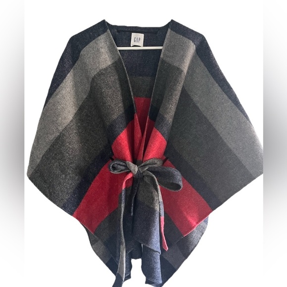 GAP Sweaters - Gap S / M Belt Poncho Jacket Wool blend Red Blue Gray belted